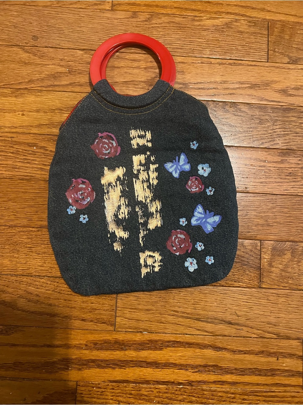Women's Black Denim Handbag with Red Ring Handles
